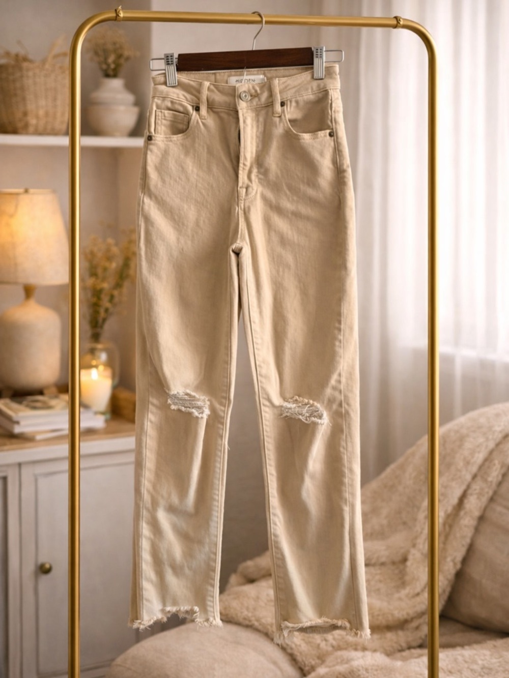 Beige High-Rise cropped Leg Women's Jeans with Distressed Knees - Picture 2 of 3